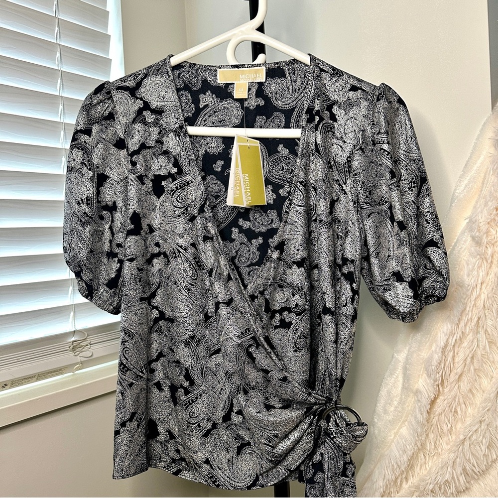 NWT Michael Kors Black Silver Paisley Blouse Wrapped Top Shirt Elegant Work XS